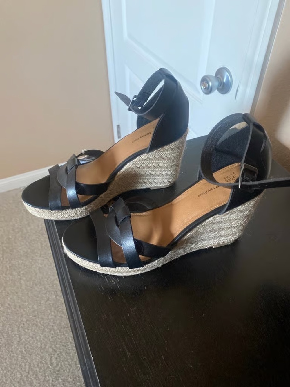 Time and Tru Black Espadrille Wedge Sandals with Ankle Strap